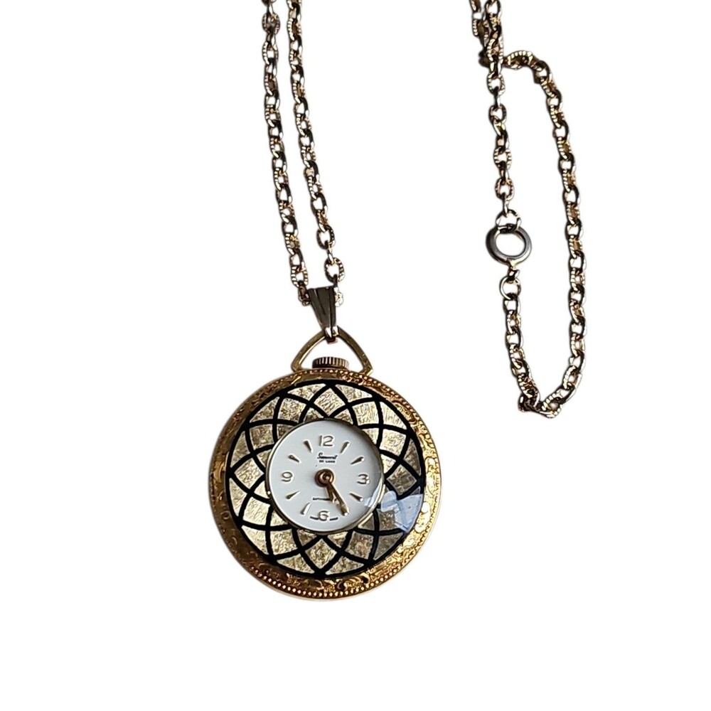 VTG Mechanical Necklace Pendant Watch Floral and Geometric Details MCM 50s-70s